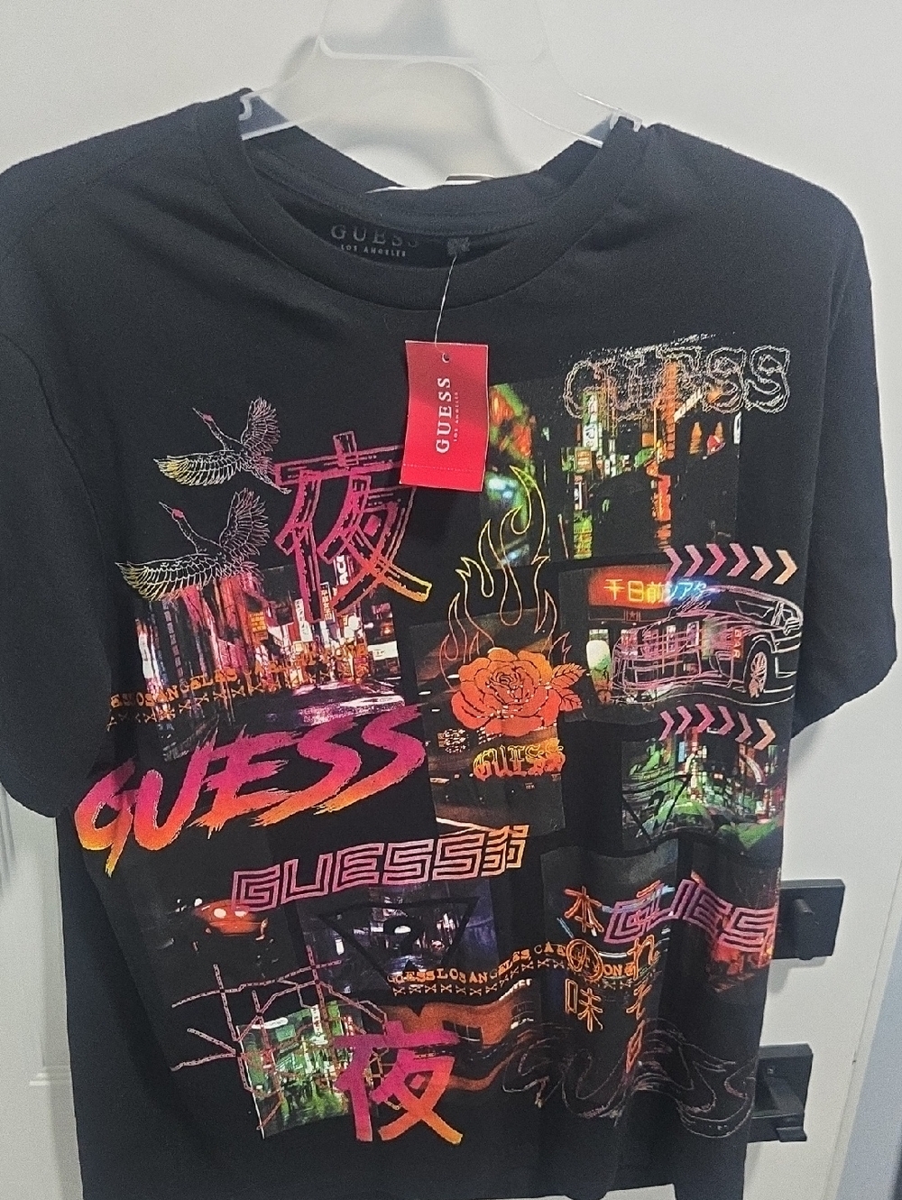 Guess Black Tee with Neon Pink, Orange & Green City Collage